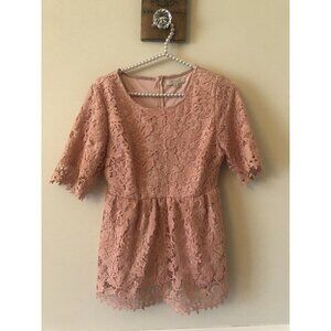 Polagram Womens Size M Dusty Rose Pink Lace Blouse Short Sleeve